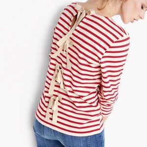 NEW J. Crew Red & Cream Striped Long-Sleeve Tee with Neck Bow